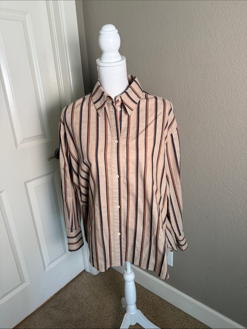 Karen Walker Beige and Navy Striped Button-Down Shirt